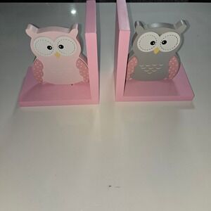 Pink and Grey Wooden Owl Bookends for Kids Nursery Woodland Decor Set of 2